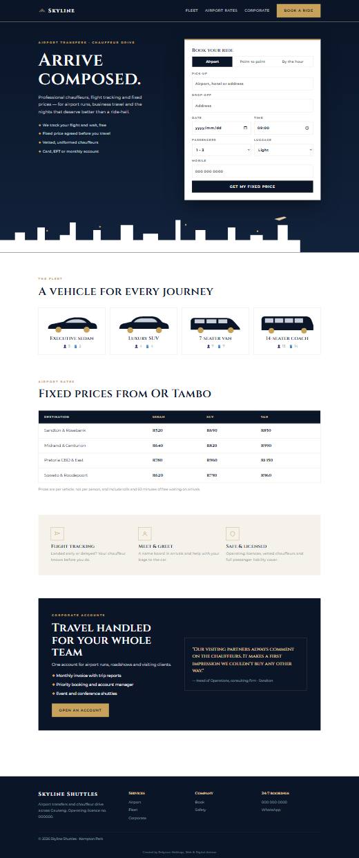 Screenshot of the Airport shuttle & chauffeur template